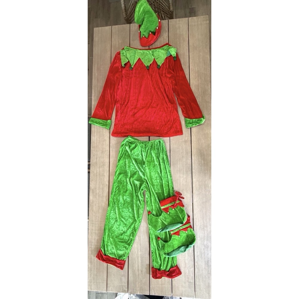 Adult Christmas Elf Costume Set - 5 Piece Holiday Velvet Cosplay OSFM Christmas